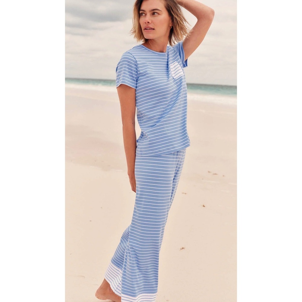 LAKE Pajamas Pima Crew Wide Leg Set Mixed Baltic Blue Stripe Small